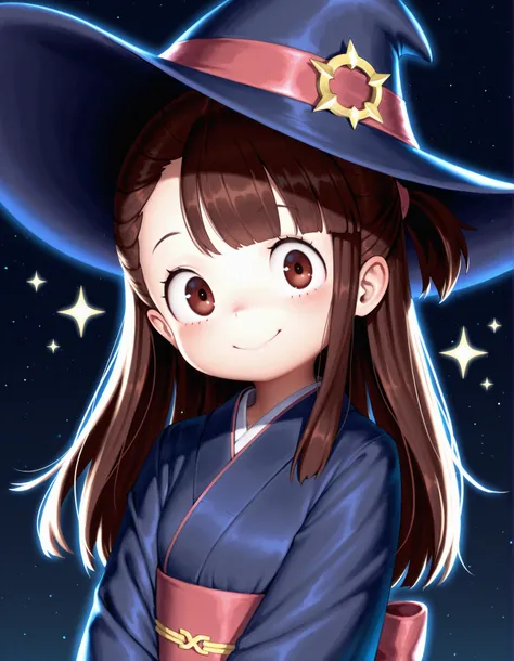 masterpiece, best quality, very aesthetic, 1girl,, hideousbeing, hideousbeingStyle,, solo, alternate eye color, asymmetrical bangs, blushes, brown eyes, brown hair, closed mouth, kagari atsuko, little witch academia, long hair, looking at viewer, smile, so...