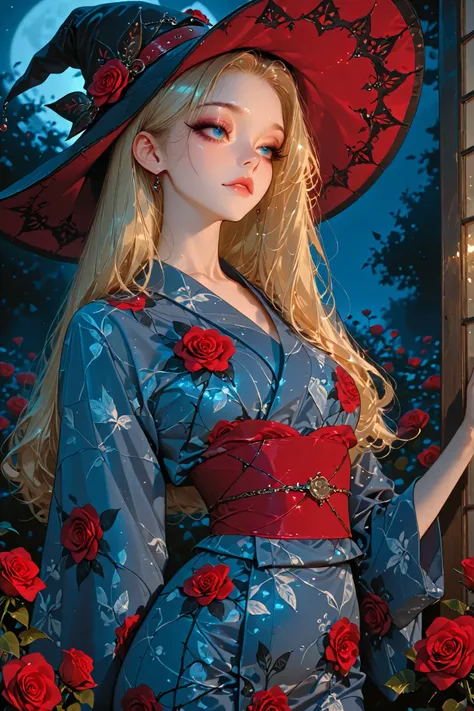 masterpiece, high resolution, excellent quality, Women , blonde hair , long hair, beautiful eyelashes, perfect face, blue eyes , Very elegant modest red yukata , small waist, at night, in the rose garden, alone , very detailed face , witch hat 