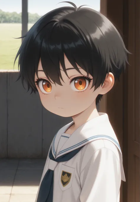 Masterpiece, Best Quality, Newest, Safe, Good Anatomy, Good Resolution, Good Lighting. Beautiful, Anime, Normal, Adorable, Delicate Features. Child, Black Hair, Short Hair. Deep Orange Eyes. Black Eyelashes, Light Skin. He is 6 Years Old. Alone, Looking at...