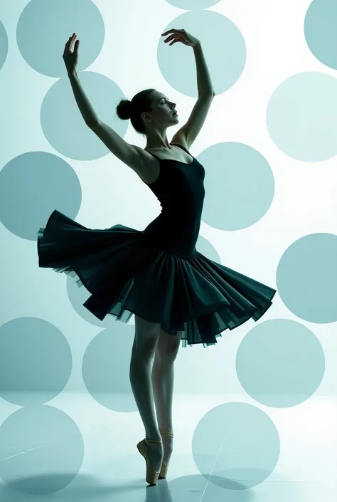 geometric,A surreal digital artwork of a graceful ballerina in a black leotard, striking an elegant dance pose with one arm raised. The background is a soft gradient of icy blue and white, giving a dreamy atmosphere. The dancer’s body appears fragmented th...