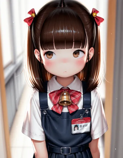 masterpiece, best quality, very aesthetic, 1girl,, safe, hideousbeing, hideousbeingStyle, solo, 1girl, arm at side, backlighting, bad id, bad pixiv id, bell, blunt bangs, blurry, blurry background, blush, bow, brown eyes,
