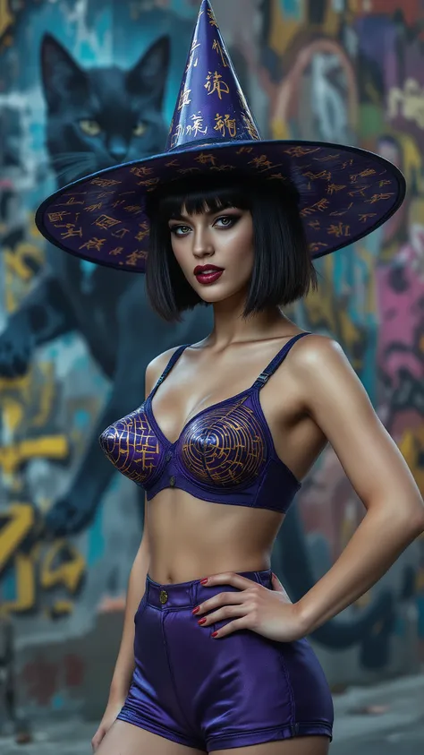 masterpiece fashion photography, ultra-detailed, 8k, Dutch angle shot. Stylish, provocative, and surreal. Style of modern fashion art and pop culture glamour. A breathtakingly beautiful model with a sharp, confident gaze. She has a sleek, sharp black bob h...