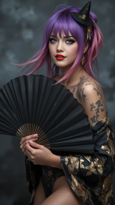 masterpiece hyperrealistic photography, ultra-detailed, 8k, close-up shot. A provocative and playful pin-up scene. Style fusion:  opulent, surreal glamour of David LaChapelle and traditional Japanese aesthetics. A gorgeous, voluptuous woman with a confiden...