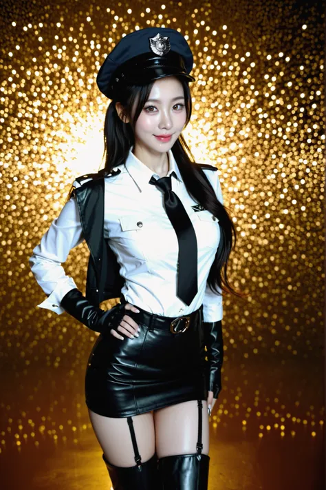 1girl, anime woman,chic smile, sharp eyes, Sunglasses hanging on the head, cop uniform, leather micro skirt, cop hat, leather necktie, black pantyhouse, leather thigh belt, leather thigh garter belt, leather knee boots, leather fingerless gloves, ring, jew...