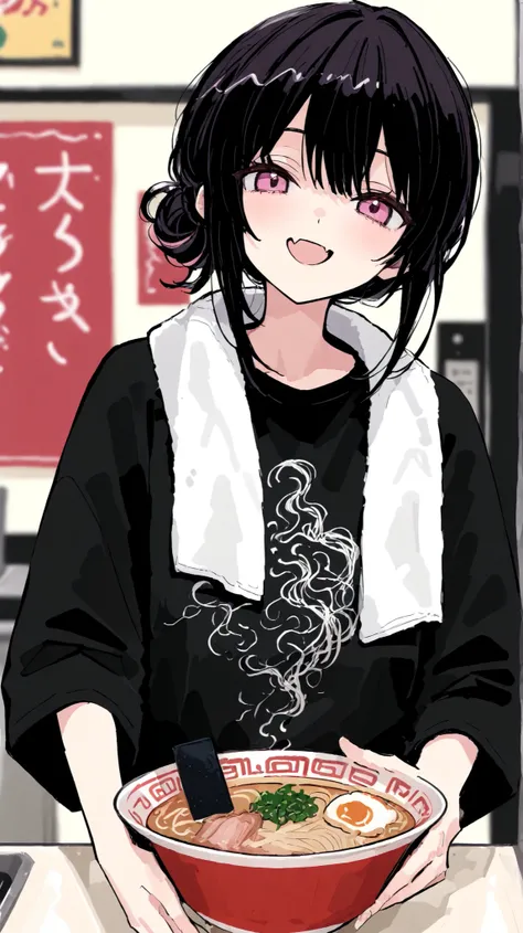 detailed,super fine illustration,748cmstyle,1girl,looking at viewer,black hair,pink eyes,messy bun,blurry background,upper body,black plain t-shirt,counter,smile,open mouth,skin fang,towel around neck,ramen shop,serving ramen