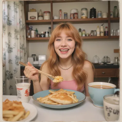 geek girl with brac3s on the teeth、BENDINGBUTTOCKS 、(buttock augmentation)、butt super squished、 Collorbone、Food pictures 、Family Breakfast、(An opossum and Southern girl eating breakfast)、 She is wearing a cotton tank top made of a single light pink piece o...