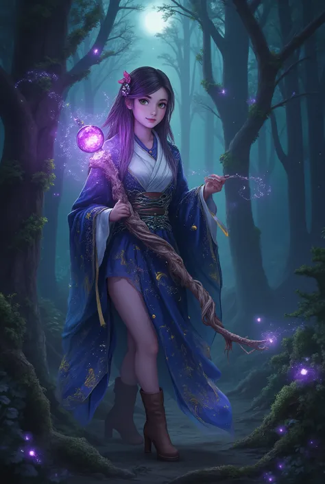 Wide thighs, Sexy thighs, Cleavage, Big breasts, ring, boots, belt, long sleeves, white shirt, thick eyebrows uniform, sidelocks, ponytail, long hair, purple hair, brown eyes, solo, 1 girl,A young witch stands in a mystical forest, wearing a beautiful, flo...