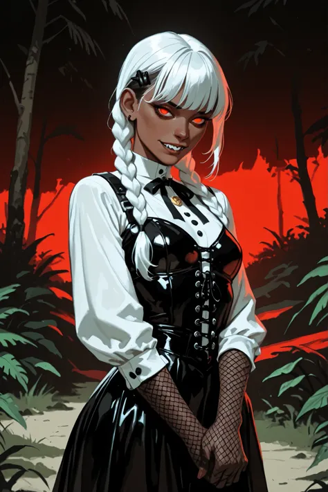 Drawn like the artist Bob Kehl. Phaedra from Fortnite with white and dark hair, deep red-coloured eyes, slanted eyes, with sharp teeth, athletic body and abs. Slender and athletic. Cute, round and young face. White highlights in her hair. She wears Aztec b...