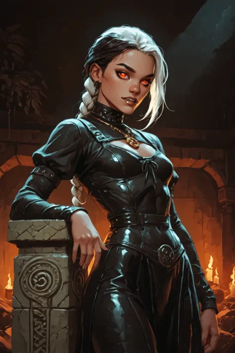 Drawn like the artist Bob Kehl. Phaedra from Fortnite with white and dark hair, deep red-coloured eyes, slanted big eyes, with sharp teeth, athletic body and abs. Slender and athletic. Cute, round and young face. White highlights in her hair. She wears Azt...