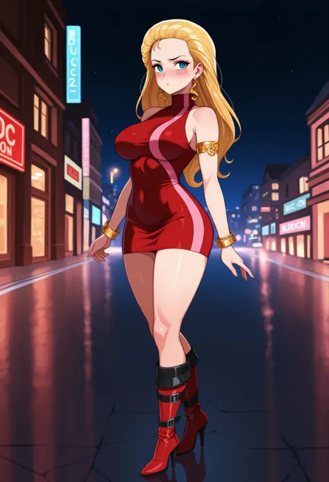 1girl, solo, night street, large breasts, blush, bdc0n, blonde hair, hair slicked back, long hair, blue eyes, earrings, turtleneck dress, red dress, pink stripe, sleeveless, armlet, bangle, short dress, knee boots, high heel boots, red footwear, masterpiec...