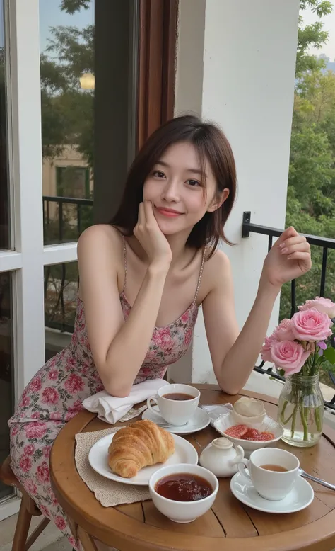 best quality , masterpiece , high sensitivity , high resolution , detailed depiction , Slender Woman , Portrait of a beautiful girl in a floral dress smiling happily on the balcony of the house, with a small wooden table, placing French breakfast sets, cro...