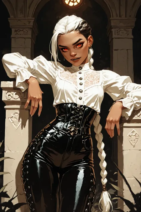 Drawn like the artist Bob Kehl. Phaedra from Fortnite with white and dark hair, deep red-coloured eyes, slanted big eyes, with sharp teeth, athletic body and abs. Slender and athletic. Cute, round and young face. White highlights in her hair. She wears Azt...