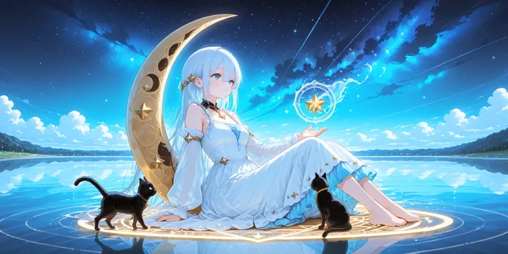 kanbn, white to blue hair, bright blue eyes, a girl, alone, wearing a white dress, barefoot, golden star decorations on the dress, white sleeves, a golden star pendant around her neck, holding a small black cat, a giant crescent moon floating in the sky, s...