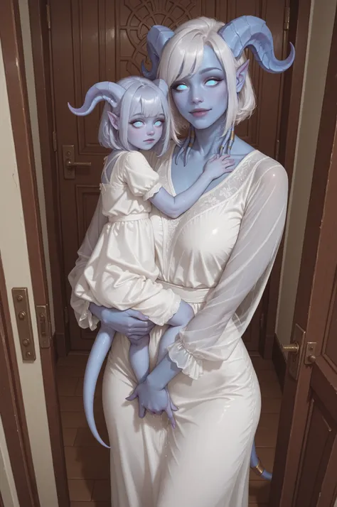 WoWYrel, 2girls, two girls, draenei, blue skin, no pupils, blue horns, blue eyes, pointy ears, bob cut, standing, pov doorway, child,  从侧面，明亮的卧室，唾液，湿润，脸红，mature female, 全身，触手，hugging, embracing, masturbating, mother and daughter, holding daughter, size dif...