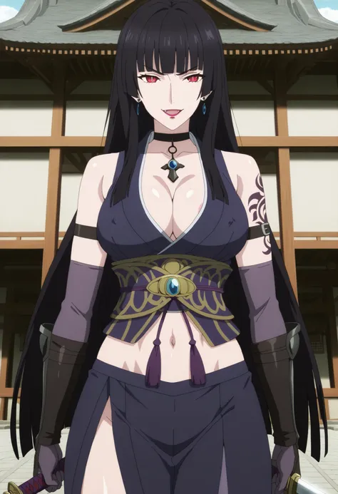 glass, long hair, bangs, black hair, blunt bangs, hime cut, red eyes, slit pupils, bright pupils, mature female,, anime screencap, ,ear piercing, long hair, , lipstick, Hot girl, baddie, smoking, sensual, attractive , cross necklace, choker,jewelry, sleeve...