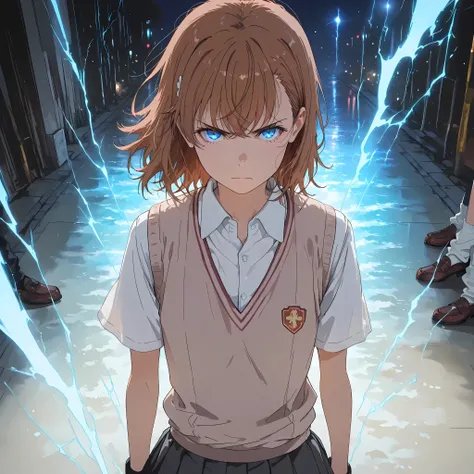 loli,{{misaka mikoto}},{{official style}},brown hair,solo,upper body,{{{{{serious face}}}}},school uniform, tokiwadai school uniform, shirt, white shirt, sweater vest, skirt, v-neck, pleated skirt, short sleeves, brown sweater vest, dress shirt, shorts, gr...