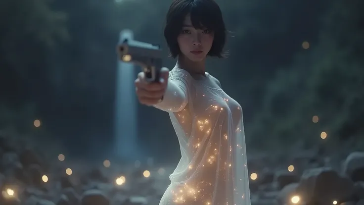 (((aerial view))), a naked 19-year-old woman in the mid-ground:0.4, under the beautiful starry sky, divine atmosphere, dark forest with waterfall at night, foggy, large-breast:1.2, (((side boob))), transparent:0.1 short:0.1 white shift dress, layered petal...