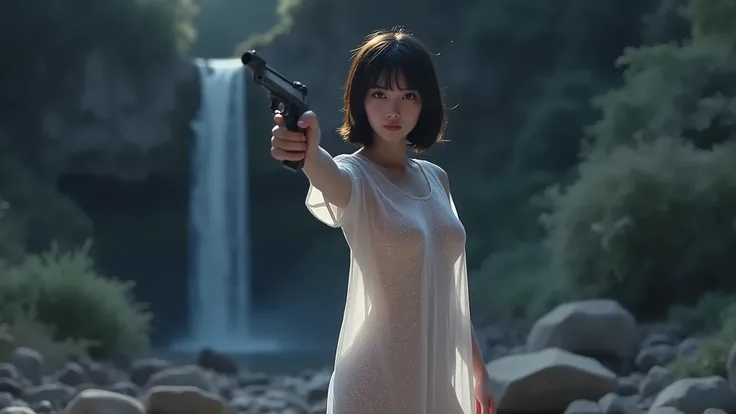 (((aerial view))), a naked 19-year-old woman in the mid-ground:0.4, under the beautiful starry sky, divine atmosphere, dark forest with waterfall at night, foggy, large-breast:1.2, (((side boob))), transparent:0.1 short:0.1 white shift dress, layered petal...