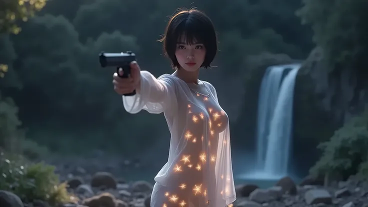 (((aerial view))), a naked 19-year-old woman in the mid-ground:0.4, under the beautiful starry sky, divine atmosphere, dark forest with waterfall at night, foggy, large-breast:1.2, (((side boob))), transparent:0.1 short:0.1 white shift dress, layered petal...