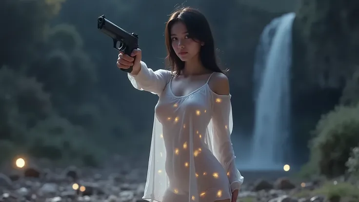 (((aerial view))), a naked 19-year-old woman in the mid-ground:0.4, under the beautiful starry sky, divine atmosphere, dark forest with waterfall at night, foggy, large-breast:1.2, (((side boob))), transparent:0.1 short:0.1 white shift dress, layered petal...