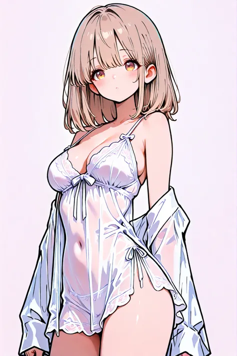 ( masterpiece:1.5), (Top Quality:1.4), (High Resolution:1.9), High quality eyes, a woman with light brown hair, light brown eyes, white Transparent Neglige, highly detailed, simple background