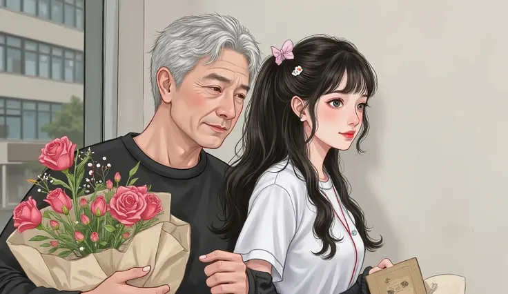 half-body portrait of a father around 50 years old with visible wrinkles, standing beside his high school daughter (grade 12). Focus only on the two characters. The daughter is wearing a black and white school uniform (white shirt with black skirt), the fa...