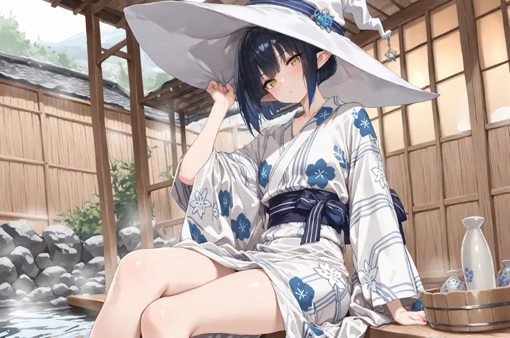 ((Best quality, 8k, Masterpiece: 1.3)), ((best quality)), ((masterpiece)), (detailed), A witch wearing a yukata. Elf. Pointy ears. Blue graduated bob haircut. Wearing a white witch hat and a yukata. A white yukata with a floral pattern. Sightseeing in a ho...
