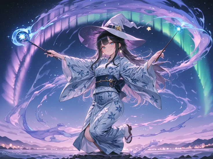 masterpiece, best quality, amazing quality,{1 Witch}:(She is wearing Yukata while flying on her magic broomstick holding her wand). Night background illuminated by an aurora borealis. 