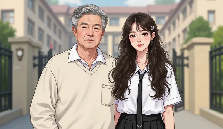 half-body portrait of a father around 50 years old with visible wrinkles, standing beside his high school daughter (grade 12). Focus only on the two characters. The daughter is wearing a black and white school uniform (white shirt with black skirt), the fa...