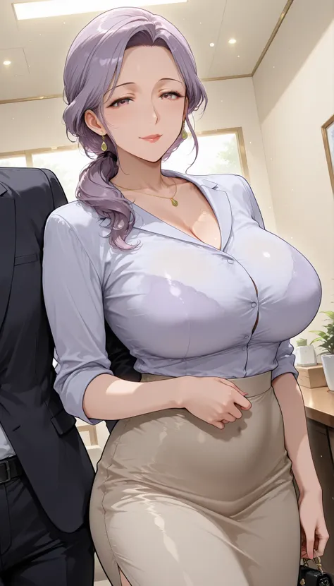 Beauty Mature Woman very big BIG BREASTS sexy charm office lady shirt slit skirt strict expression Light Purple Hair angle from behind