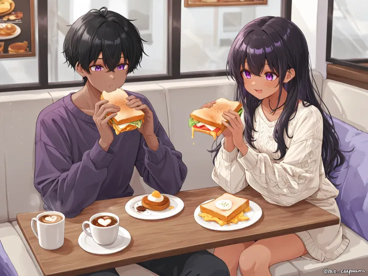 {1 men}:(Dark skin, black hair, purple eyes, he is wearing simple casual clothes sitting); He is having breakfast with his {1sister}:(here dark skin, purple eyes). A cappuccino accompanied by a cheese sandwich, simple and cozy atmosphere.