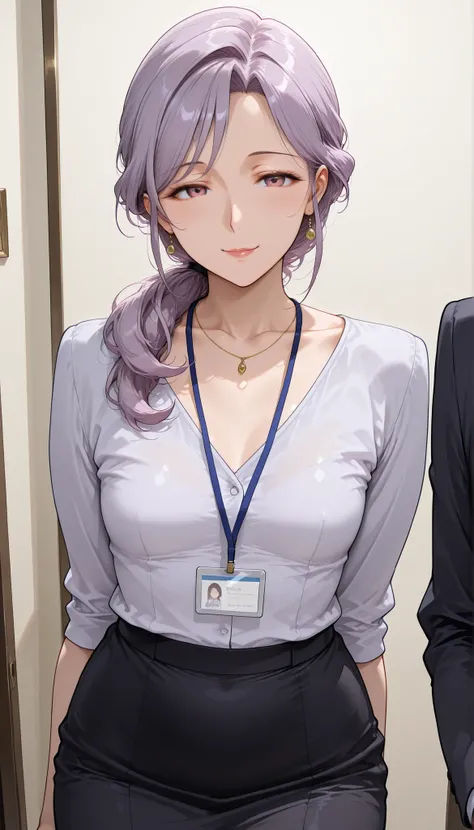 Beauty Mature Woman small breasts sexy charm office lady shirt slit skirt strict expression Light Purple Hair angle from behind