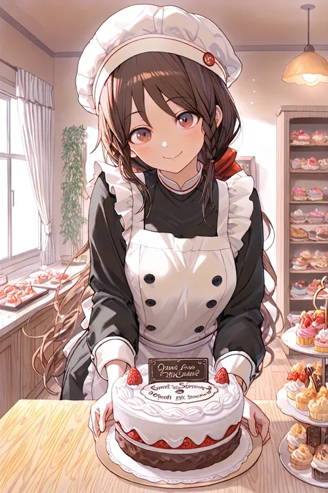 Highest Quality, super high resolution, Masterpiece, A cute pastry chef, Smiling Girl, In front of the showcase, bright atmosphere, white cook hat, Chef Clothing, apron visible from the outside, Nameplate on the chest, ponytail, braids,A net hat to hold h...