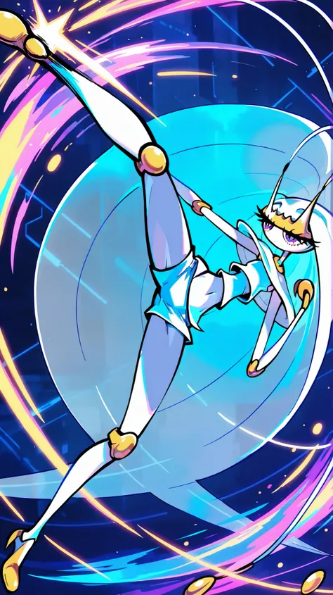 Pheromosa from Pokemon, White Body,Thin Waist, Very Thin Waist, Wasp Waist, Solo,vibrant colors, cel shading, Simplistic Art Style, solo,((round kick:1.3)),side view,(action:1.3),(acrobat:1.3),{cyberpunk background}