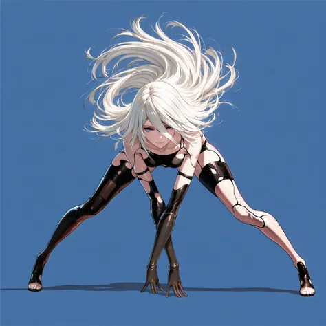 best quality, A2 from NieR Automata, full body view, Panel seams, white long hair, legs stretched out, legs apart, dynamic action pose, front view (looking at viewer), blue eyes, blue plain background, detailed line art, seductive gaze, smiling