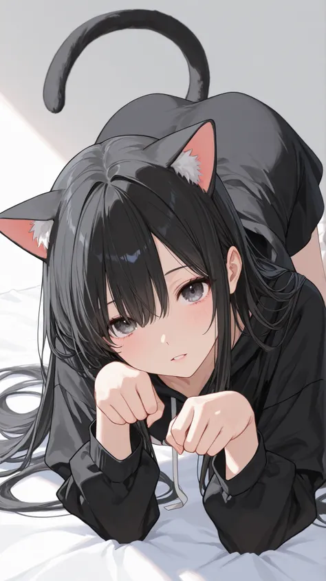 1 girl、Very long black hair、B cup、Cat Ears、slouching pose、a cat costume、Face visible 、Hands imitate cats、Winking、Lean forward on all fours、Dress like a cat、Cat Pose
