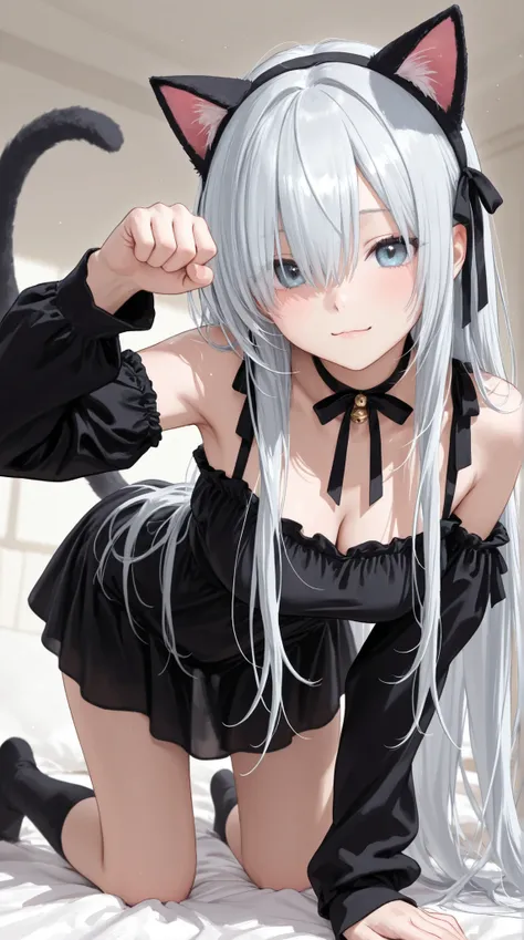 1 girl、Very long silver hair、B cup、Cat Ears、slouching pose、a cat costume、Face visible 、Hands imitate cats、above、Lean forward on all fours、Dress like a cat、Cat Pose