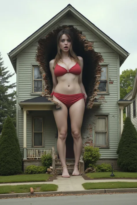 Create a photorealistic image: In a quiet suburban neighborhood, a gigantic girl sits trapped inside a two-story wooden house. The house walls are cracked and broken as her head, arms, and legs burst through, with bricks and debris scattered around the yar...