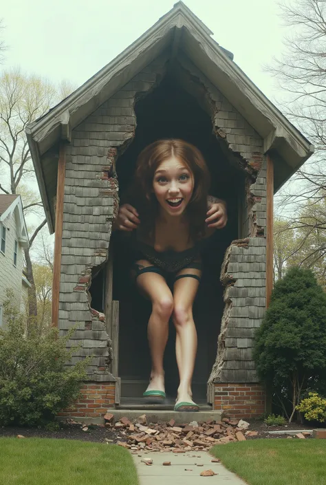 Create a photorealistic image: In a quiet suburban neighborhood, a gigantic girl sits trapped inside a two-story wooden house. The house walls are cracked and broken as her head, arms, and legs burst through, with bricks and debris scattered around the yar...