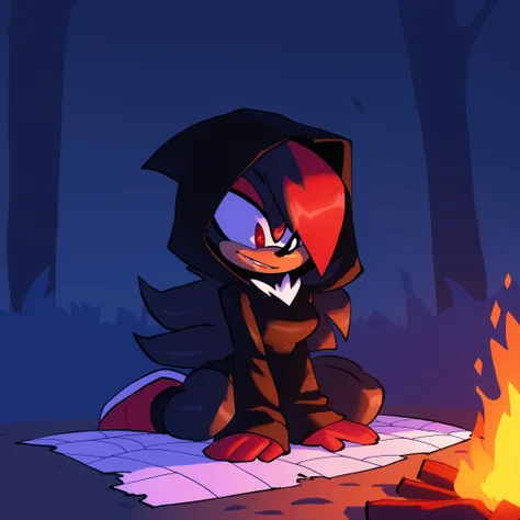 Daughter of Shadow the Hedgehog, (Bigdad/character), female, (long hair), (long hair/quills), solo, outdoors, medium breasts, fuzzy fur, symbiote like clothing, black hood, black sweater, silk, spider web cosplay, (furry), black fur, (pinkish stripes on qu...