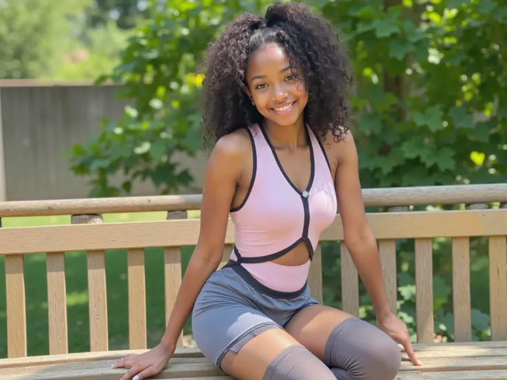 Chinese-African very young little black brunette girl with curly pony hair sitting on bench horny in school garden. Latinas, Doggystyle, Very young girl sitting on bench horny in school garden, wears a slightly oversized light pink bodysuit with black trim...
