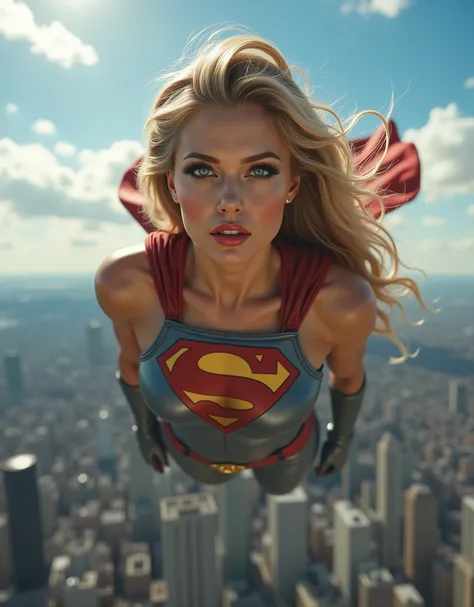  Sexy hot skinny muscular girl wearing super girl costume from dc comics flying over the city, sexy hot slim and thick girl, opened glossy lips  sexy open chest Supergirl costume, S symbol in the middle of the suit, beautiful attractive face, sexy hot body...