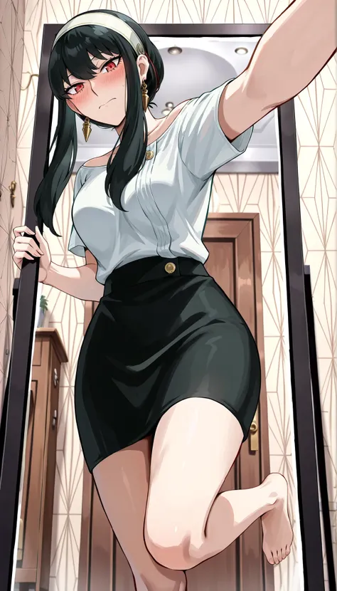 (((Yol Forger(SPY×FAMILY) ))),(((medium chest))),dark haired,(((blush))), Black tight skirt,white t-shirt,((selfie)),(low angle),(Through the Mirror),Ulchan -6500-v1 .1, (RAW images:1.2), beautiful detail, very detailedな目 beautiful eyes,beautiful eyes,red ...