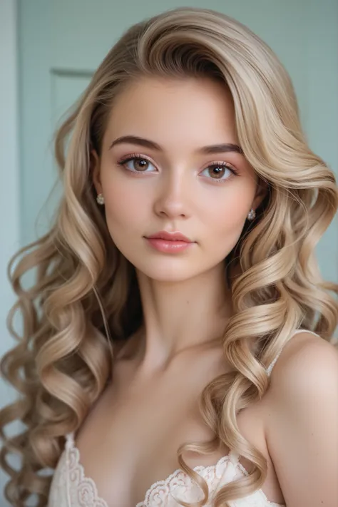 (1girl, very gorgeous girl, very stunning girl, classy girl, very cute, very attractive, 30-35 years, clean skin, blonde hair, almond-shaped eyes, wavy hair, long hair, brown eyes, straight slender nose, face shape inspired by young Cheryl Cole, feminine r...