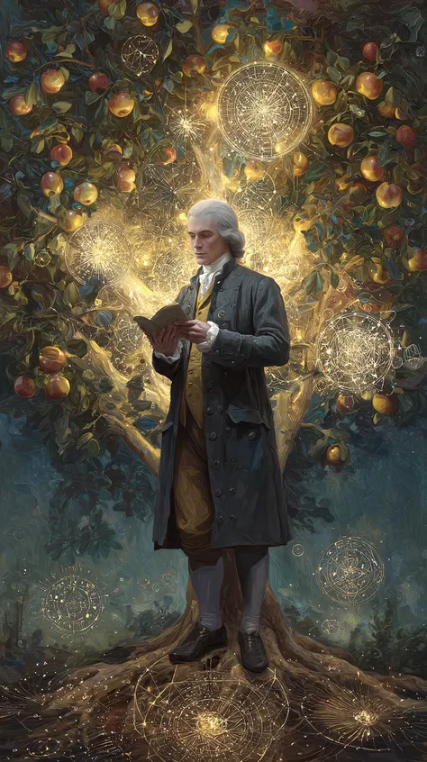 magical realism portrait of a Isaac Newton under the apple tree, but the apples are glowing like constellations and the tree's roots form intricate mathematical diagrams in the soil. Photorealistic, ethereal glow, celestial, symbolic, masterpiece, sharp fo...