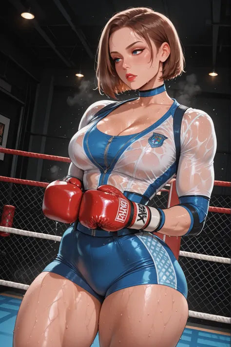 Jill Valentine boxing training, uniform tight shorts and sweaty transparent blouse