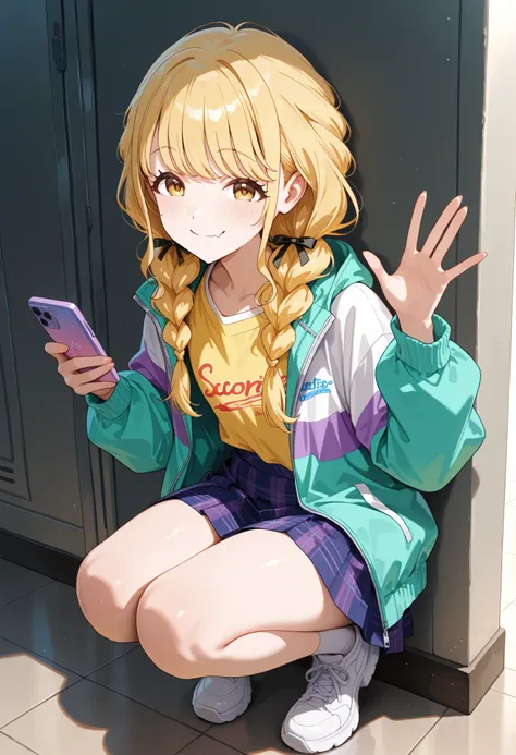 1girl,fujita kotone,gakuen idolmaster,safe,skin fang,yellow eyes,blonde hair,long hair,twin braids,hair ribbon,multicolored jacket,yellow shirt,blue plaid skirt,flat chest,smile,crouching,knees together,waving one hand,holding smartphone,looking at viewer,...