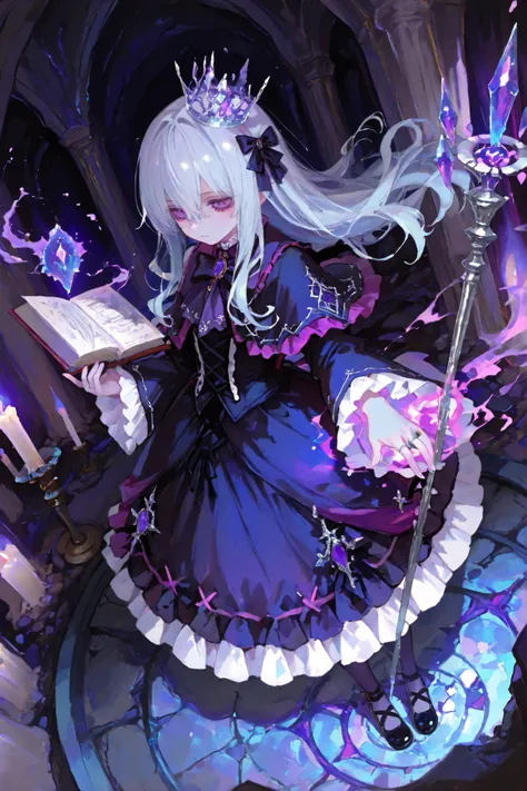 High Definition ,High Quality , dynamic angle, one girl, Undead Wizard, Light Blue Skin, Wavy Silver Hair, Mysterious purple eyes, Gothic Lolita Dress, Broken Traces, Floating Magic Book,  Book Written in the Words of the Dead, Crystal Crown, Wicked Long S...