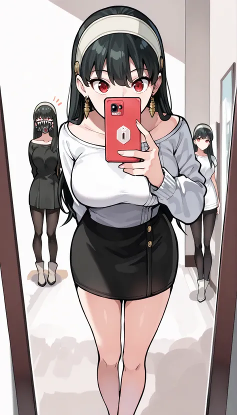 masterpiece,best quality,Yor Forger,(((medium Breast))),cute,Headband,dark haire, Black tight skirt,white t-shirt,((selfie)),(Through the Mirror),long hair,Ulchan -6500-v1 .1, (RAW images:1.2), beautiful detail, very detailedな目 beautiful eyes,beautiful eye...