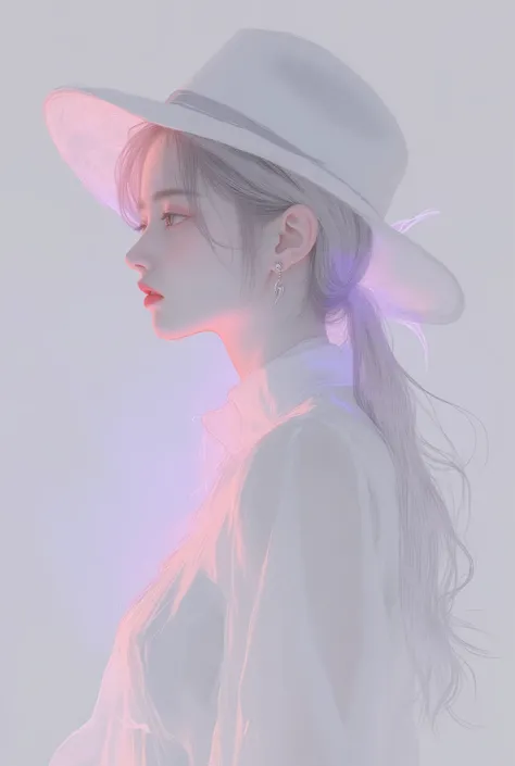 A minimalist pencil sketch of a girl wearing a hat, drawn from the side. Her head is slightly turned, about 25° from vertical. The artwork shows only her outer contour lines, delicate and clean, softly fading away at the edges. No shading, no background. A...